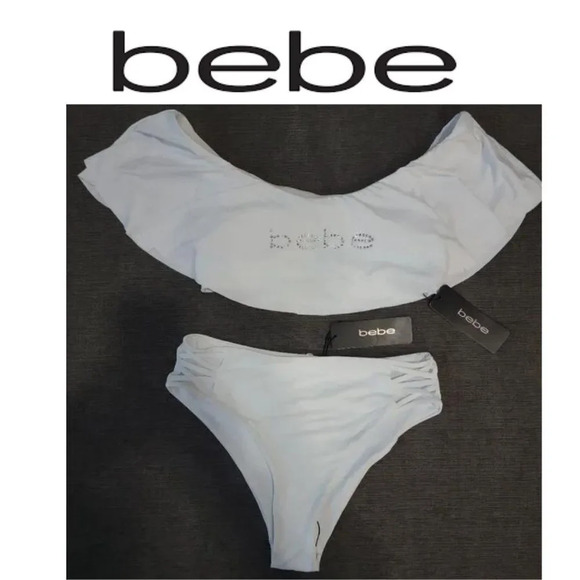 BEBE Women's white Ruffled with rhinestone Two-Piece Bikini Set sz Medium - Picture 1 of 16